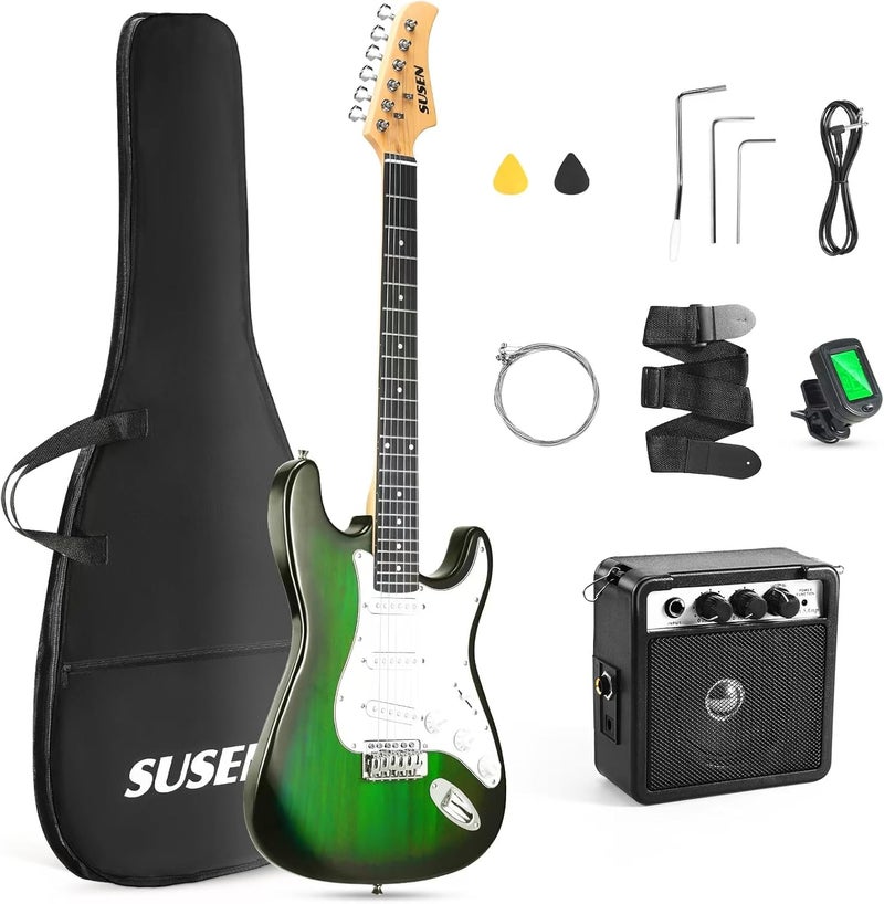 SUSEN Electric Guitar, 39 Inch Solid Full-size Electric Guitar S-S-S Pickups Starter Kit Includes Amplifier, Bag, Digital Tuner, Strap, String, Cable, Picks，Mini AMP（Green (Green) - Image 1